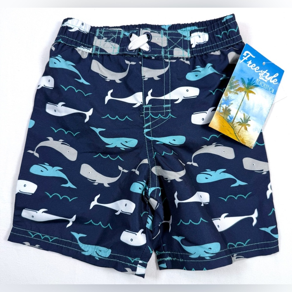 FREESTYLE REVOLUTION‎ Boys Swim Shorts 12M Navy Whale Print Beach Summer Classic